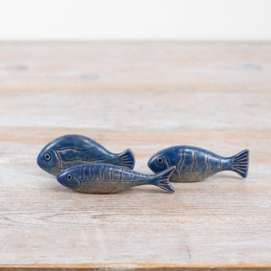 Speckled Blue Fish Ornament 8.7cm – Ceramic Coastal Fish Decor, Nautical Home Accent for Shelf & Table Styling