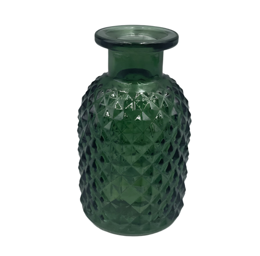 Green Patterned Glass Vase 9.2cm, Decorative Bottle with Intricate Design, Stylish Green Glass Accent for Home or Kitchen