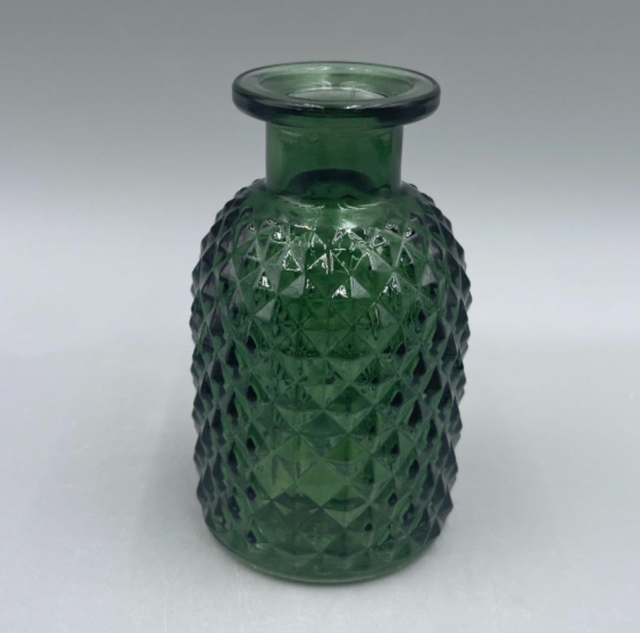 Green Patterned Glass Vase 9.2cm, Decorative Bottle with Intricate Design, Stylish Green Glass Accent for Home or Kitchen