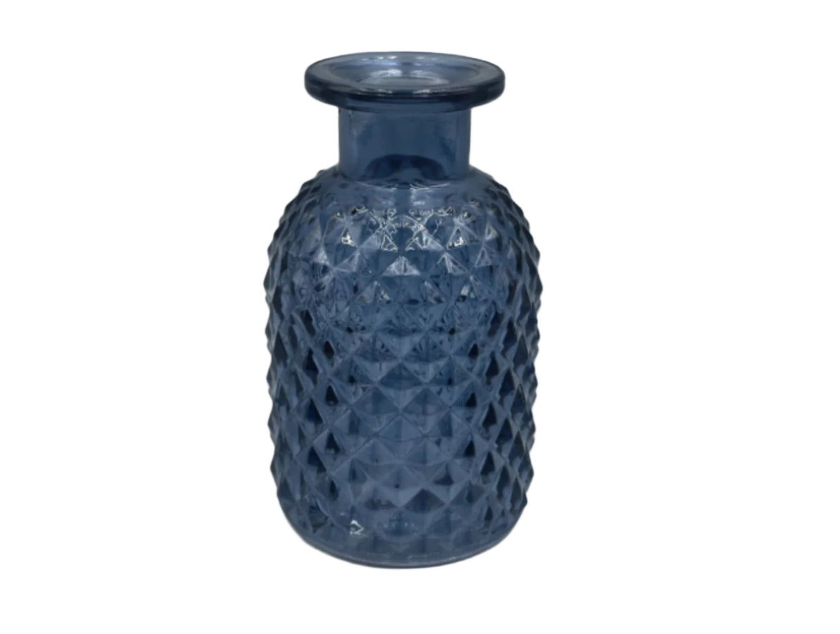 Blue Patterned Glass Bottle Vase 9.2cm, Small Decorative for Flowers, Stylish Coloured Glass Home Accent