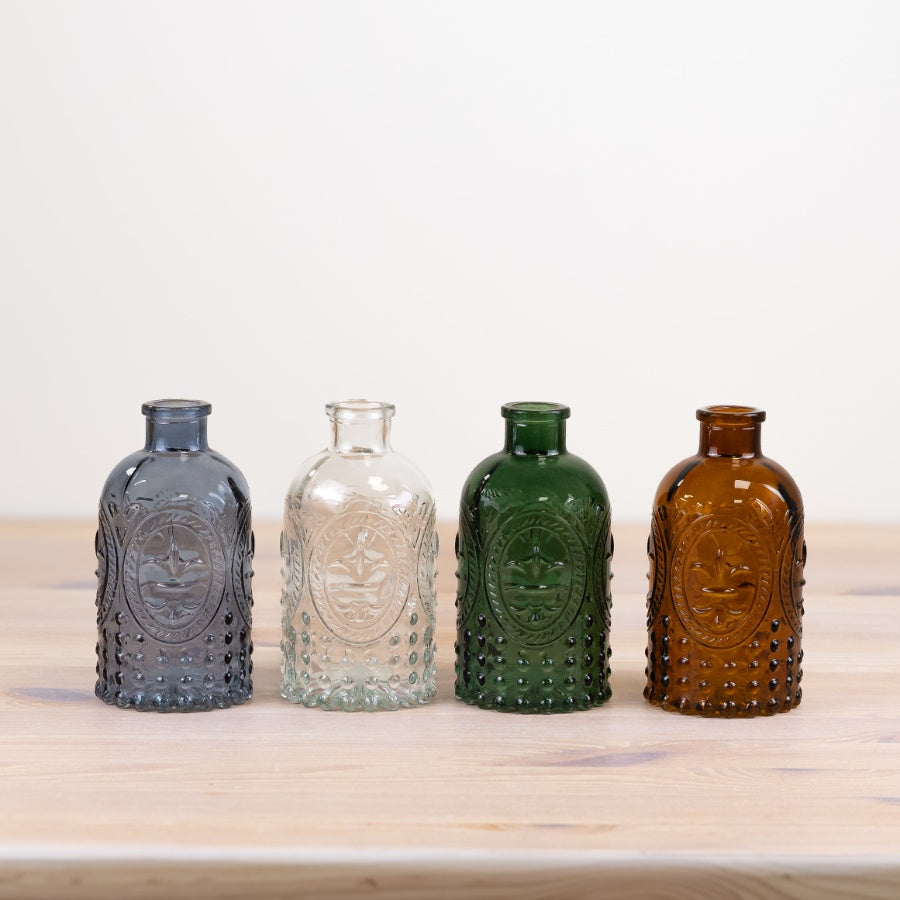 Fleur De Lis Green Glass Bottle 12.5cm, Decorative Embossed Vase, Elegant Home Decor Accent