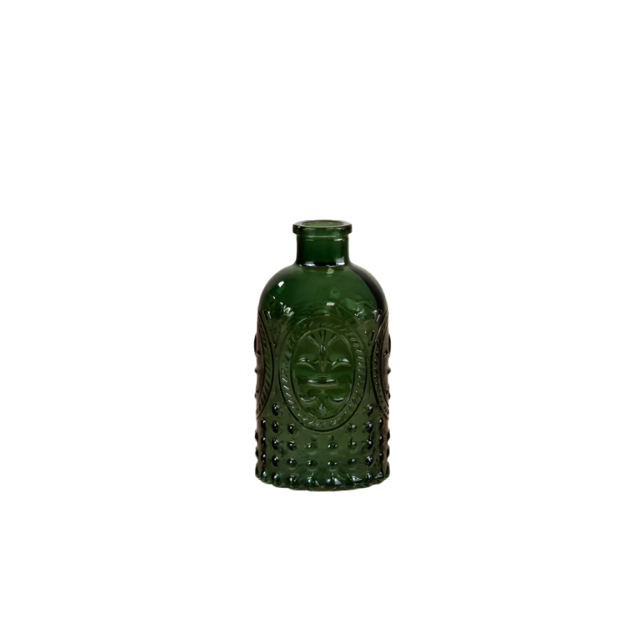 Fleur De Lis Green Glass Bottle 12.5cm, Decorative Embossed Vase, Elegant Home Decor Accent