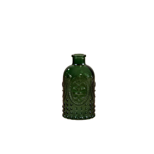 Fleur De Lis Green Glass Bottle 12.5cm, Decorative Embossed Vase, Elegant Home Decor Accent