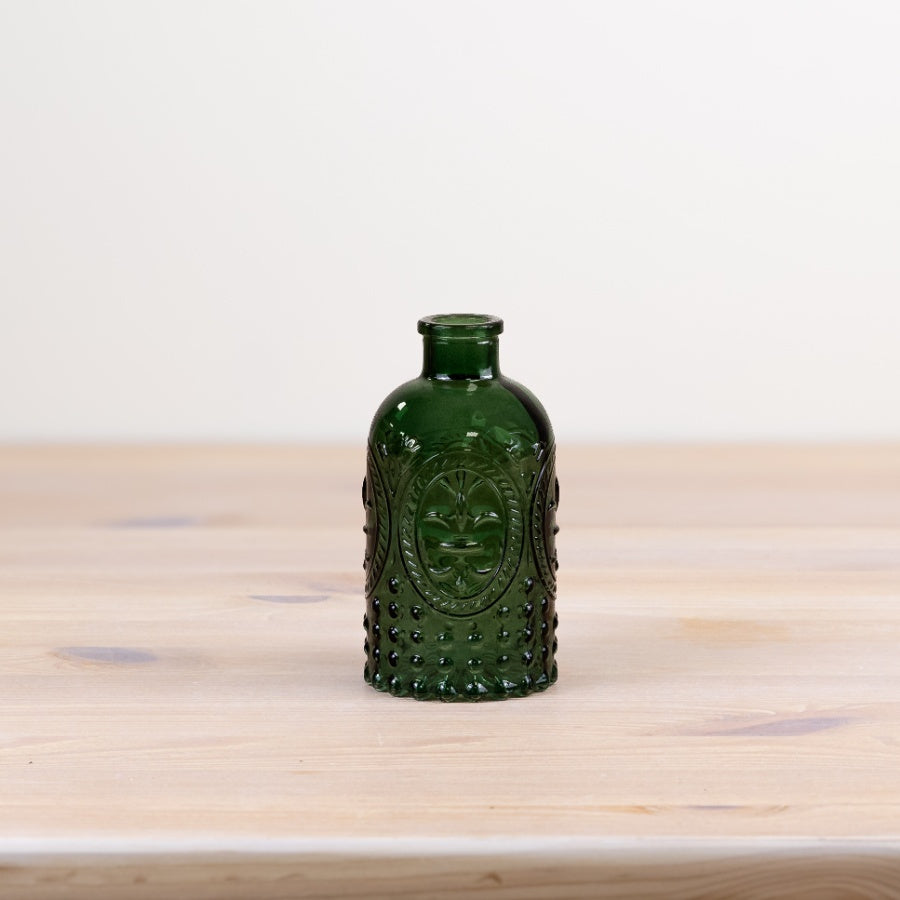 Fleur De Lis Green Glass Bottle 12.5cm, Decorative Embossed Vase, Elegant Home Decor Accent