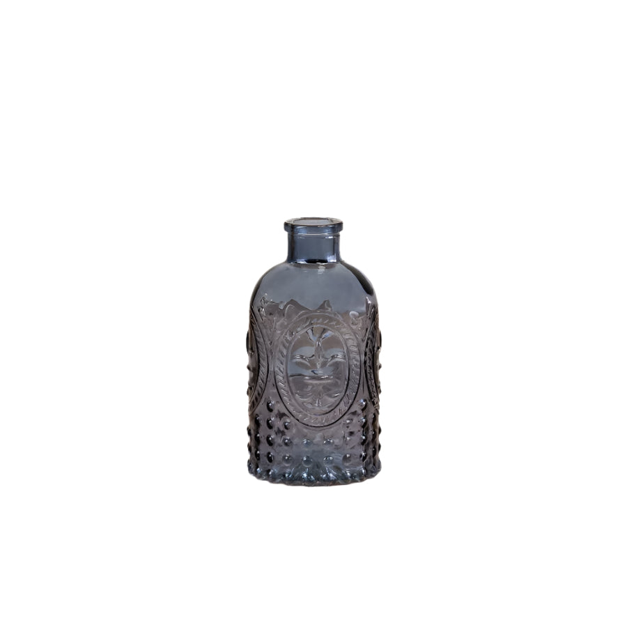 Fleur De Lis Blue Glass Bottle 12.5cm, Decorative with Design, Stylish Home Decor Accent