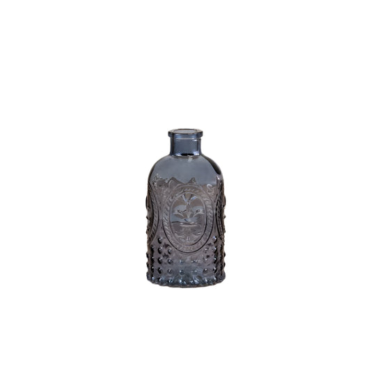 Fleur De Lis Blue Glass Bottle 12.5cm, Decorative with Design, Stylish Home Decor Accent