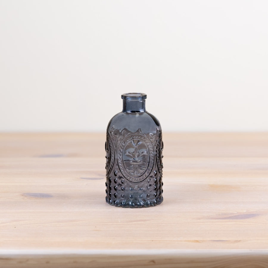 Fleur De Lis Blue Glass Bottle 12.5cm, Decorative with Design, Stylish Home Decor Accent