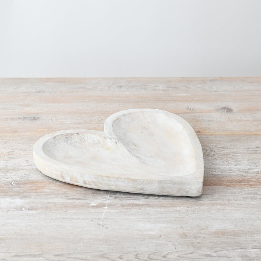 Wooden Heart Dish 26cm – Whitewashed Decorative Tray, Rustic Farmhouse Serving Bowl for Home Decor