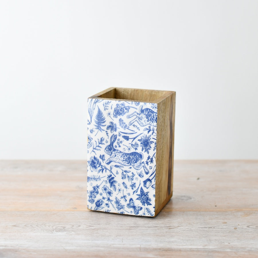 Spring Display Wooden Box 10cm – Blue & White Floral Storage Box, Decorative Keepsake Organiser for Home Decor