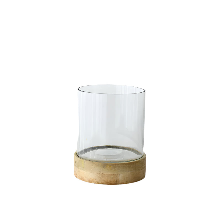 Small Candle Holder with Wooden Base 20cm, Sleek Glass & Wood Lantern for Cozy Home Decor