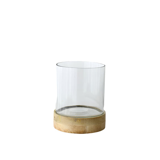 Small Candle Holder with Wooden Base 20cm, Sleek Glass & Wood Lantern for Cozy Home Decor