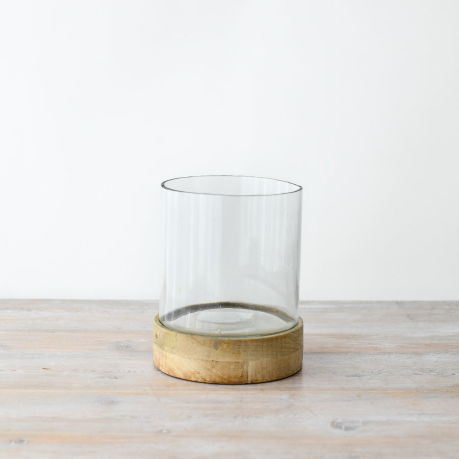 Small Candle Holder with Wooden Base 20cm, Sleek Glass & Wood Lantern for Cozy Home Decor