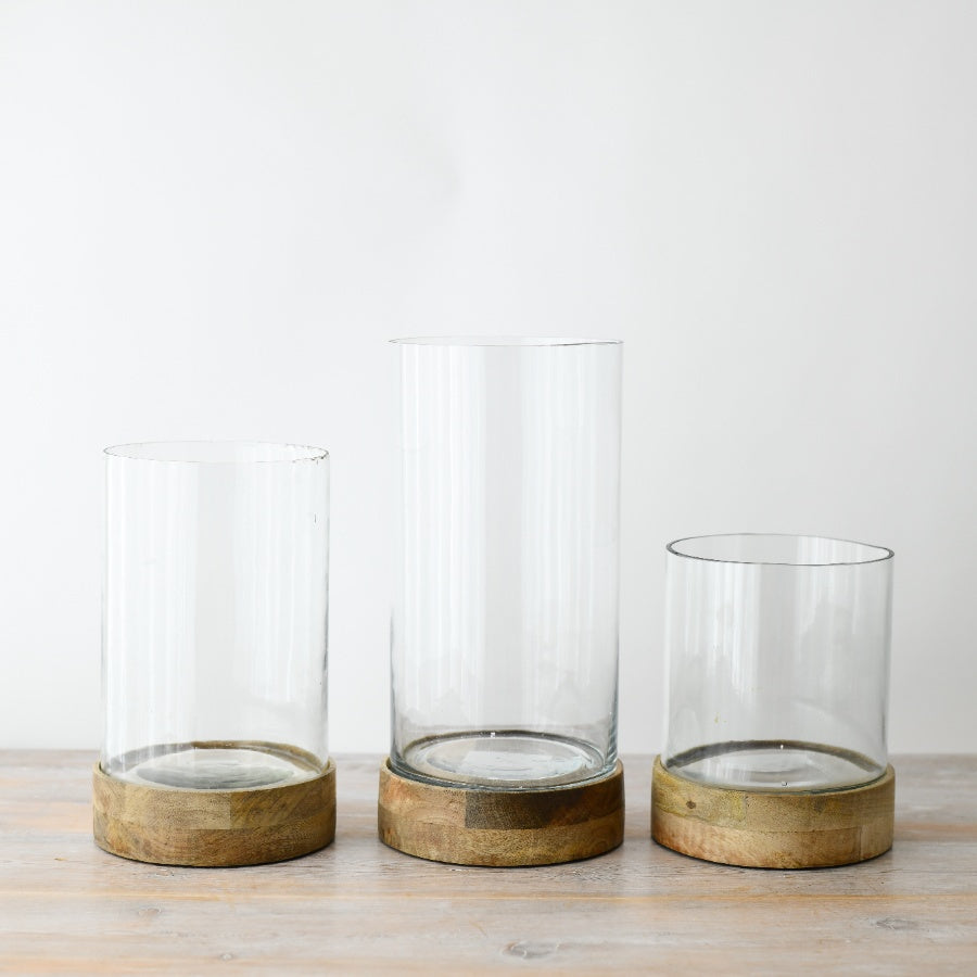 Small Candle Holder with Wooden Base 20cm, Sleek Glass & Wood Lantern for Cozy Home Decor