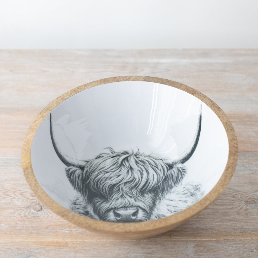 Highland Cow Enamel Bowl 23cm, Rustic Farmhouse for Fruit & Snacks, Scottish Countryside Kitchenware