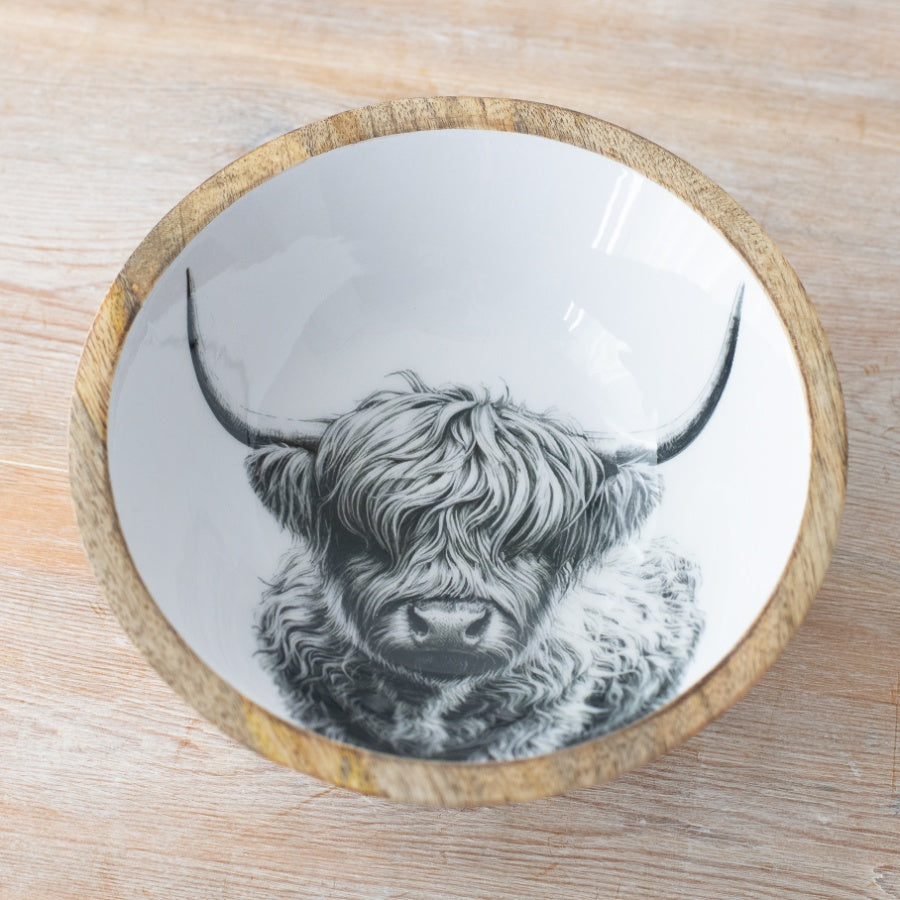 Highland Cow Enamel Bowl 23cm, Rustic Farmhouse for Fruit & Snacks, Scottish Countryside Kitchenware