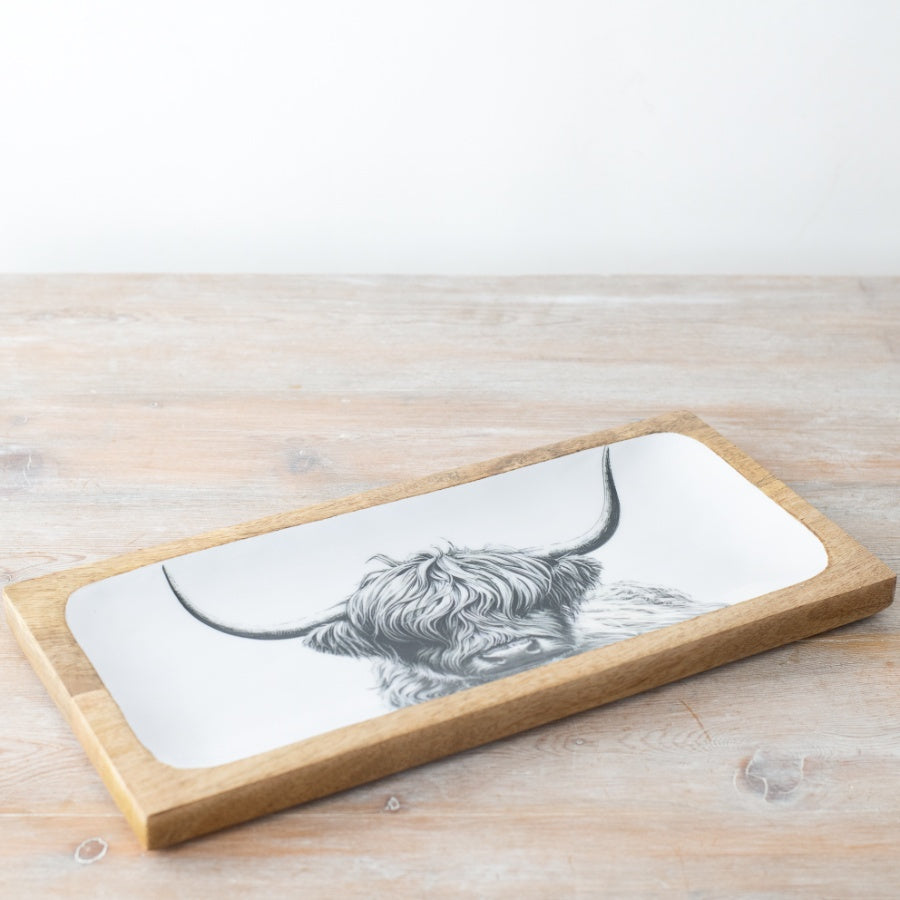 Highland Cow Enamel Tray 40cm – Rustic Farmhouse Serving Tray, Country Kitchen Decor for Tea, Snacks & Display