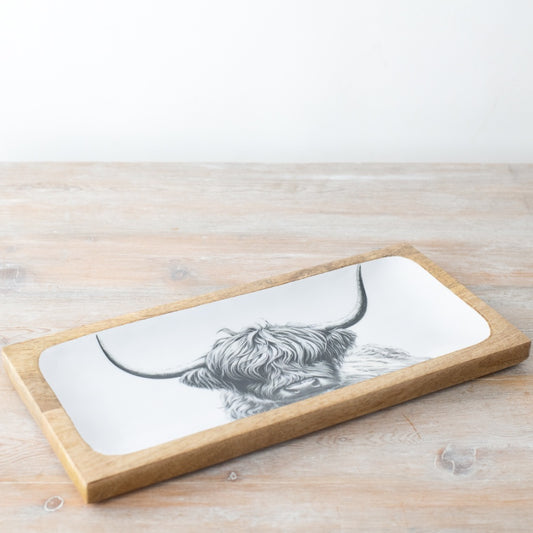 Highland Cow Enamel Tray 40cm – Rustic Farmhouse Serving Tray, Country Kitchen Decor for Tea, Snacks & Display