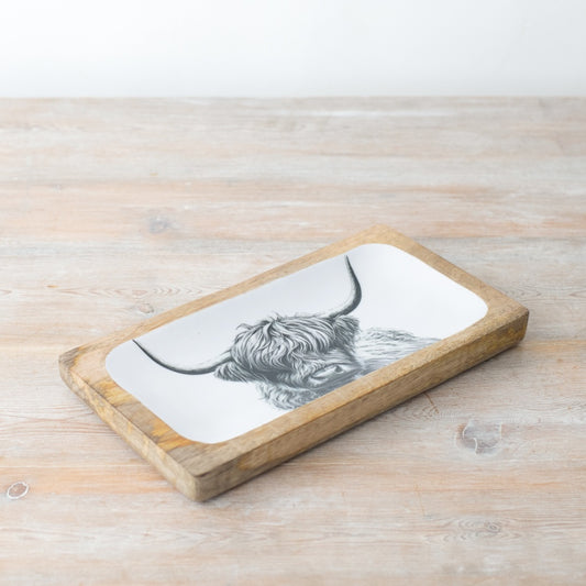 Highland Cow Enamel Tray 30cm – Rustic Farmhouse Serving Tray, Country Kitchen Decor for Tea, Snacks & Display