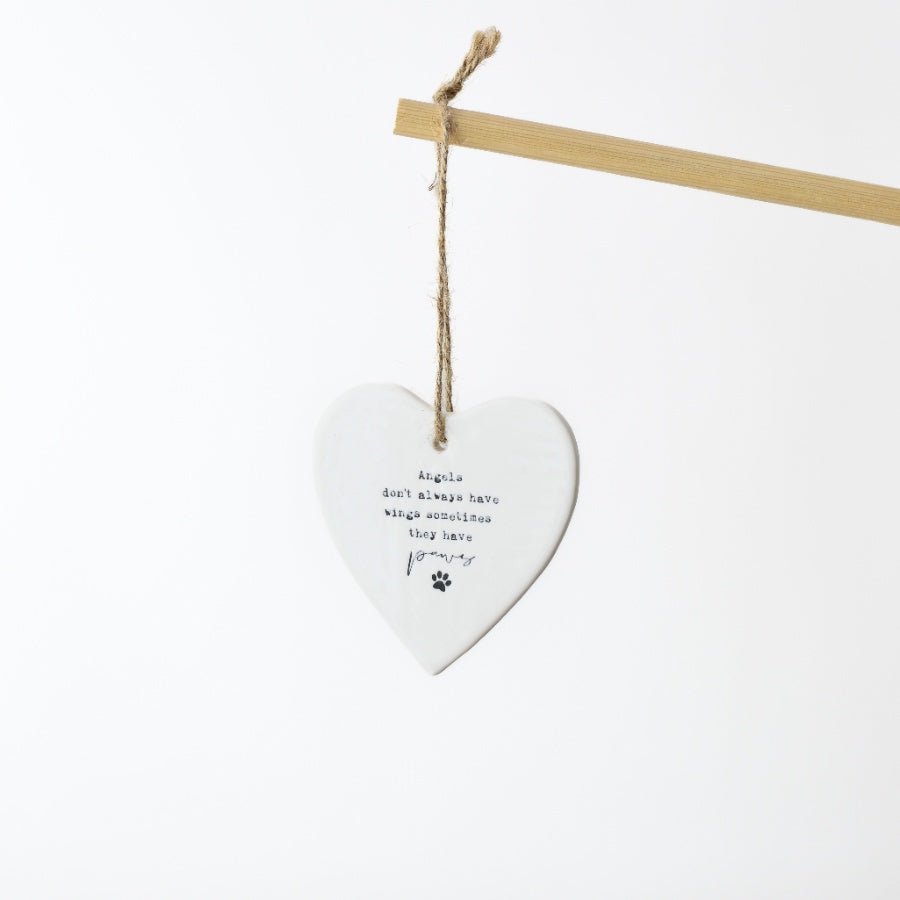 White Porcelain Heart “Angels Sometimes Have Paws” Hanging Ornament 9cm – Pet Lover Memorial Decor Gift