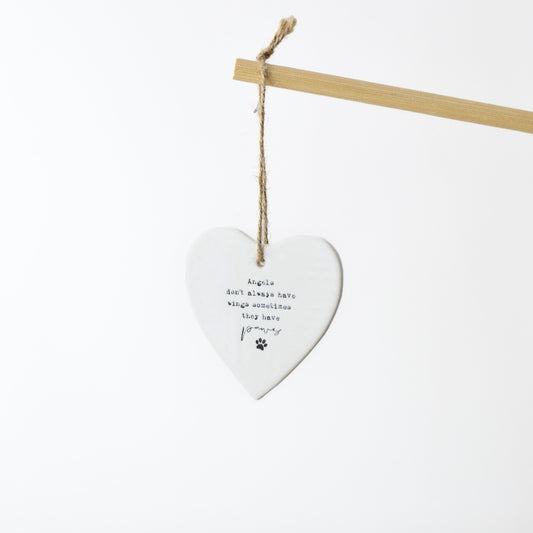 White Porcelain Heart “Angels Sometimes Have Paws” Hanging Ornament 9cm – Pet Lover Memorial Decor Gift