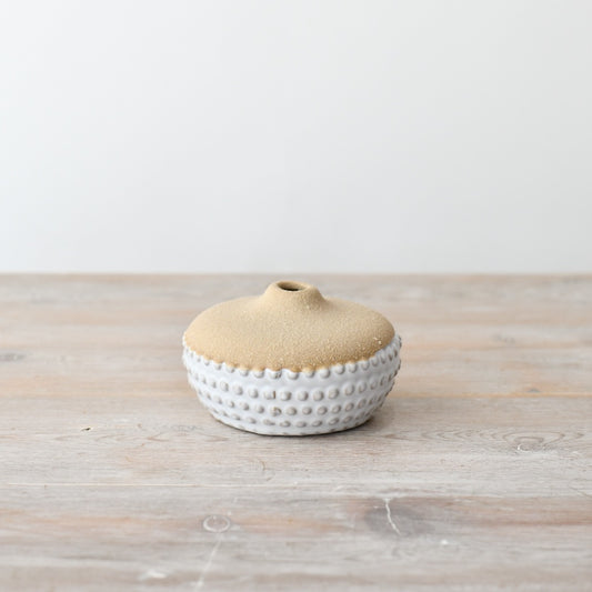 Small Bobble Vase 9.9cm – Modern White & Brown Ribbed Ceramic Vase, Contemporary Flower Display Decor