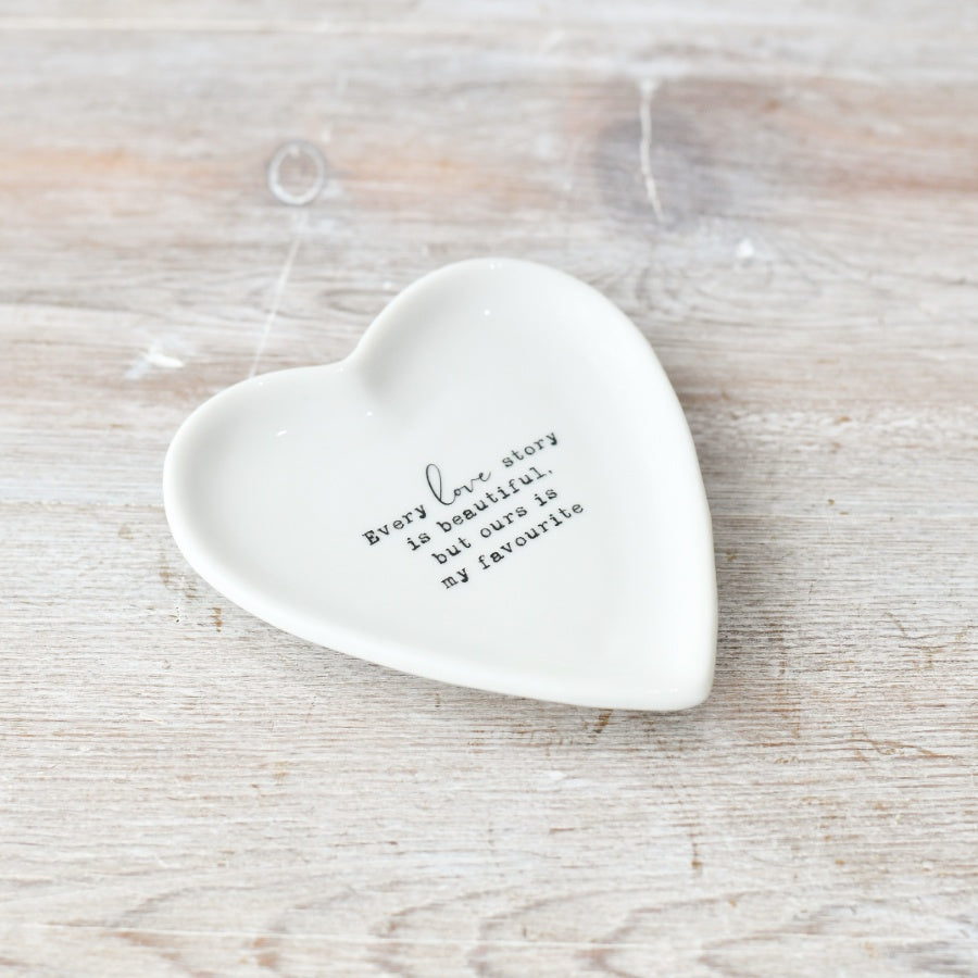 Every Love Story Is Beautiful Heart Trinket Dish 10cm – White Porcelain Jewellery Holder, Romantic Quote Gift Decor