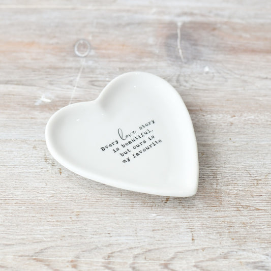 Every Love Story Is Beautiful Heart Trinket Dish 10cm – White Porcelain Jewellery Holder, Romantic Quote Gift Decor