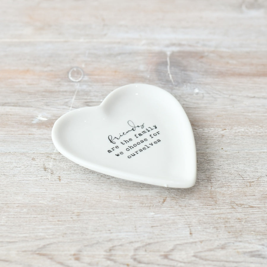 Friends Are the Family We Choose Heart Trinket Dish 10cm – White Porcelain Jewellery Holder, Inspirational Quote Gift