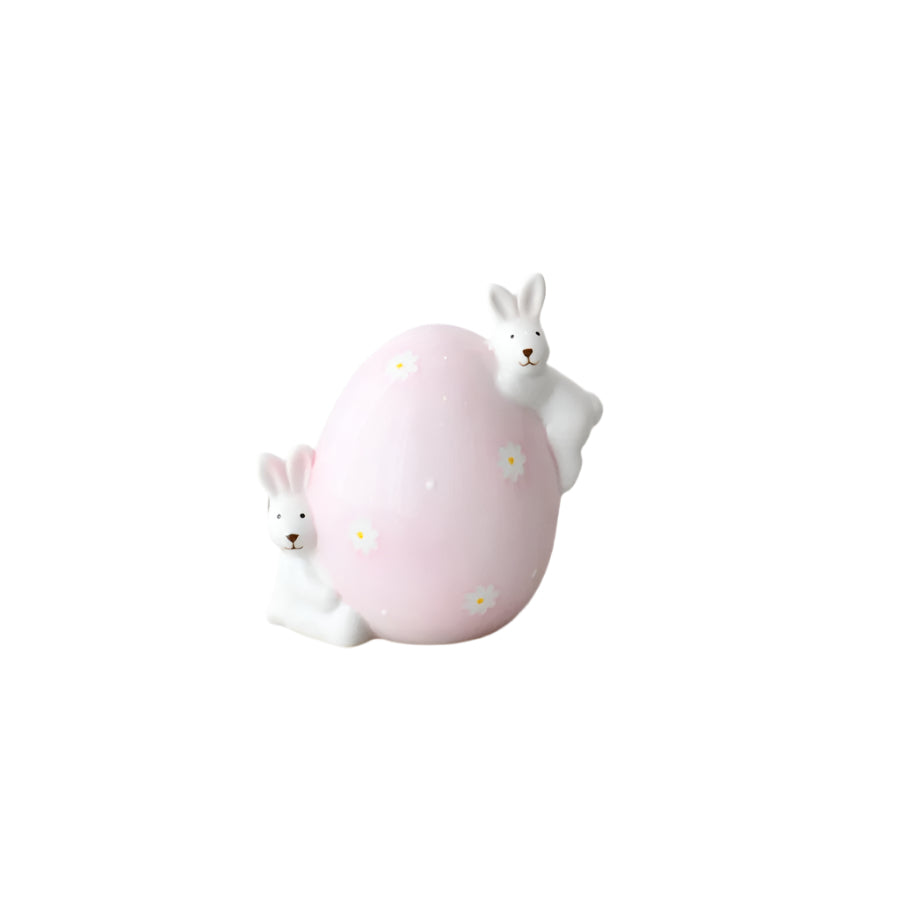 Two Rabbits on Egg Ornament 10cm, Easter Bunny Figurine on Pastel Pink Egg, Spring Rabbit Decoration for Shelf, Mantel or Table Display, Cute Easter Home Decor Gift