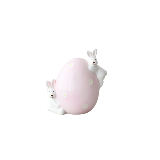 Two Rabbits on Egg Ornament 10cm, Easter Bunny Figurine on Pastel Pink Egg, Spring Rabbit Decoration for Shelf, Mantel or Table Display, Cute Easter Home Decor Gift