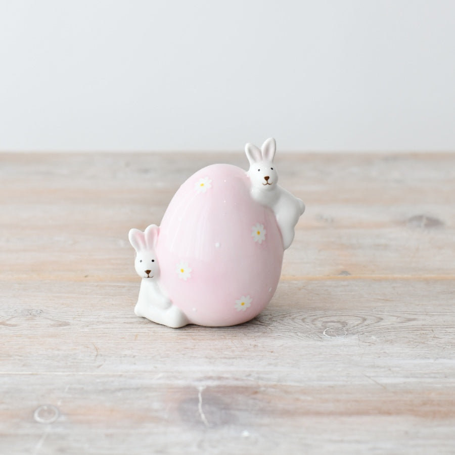 Two Rabbits on Egg Ornament 10cm, Easter Bunny Figurine on Pastel Pink Egg, Spring Rabbit Decoration for Shelf, Mantel or Table Display, Cute Easter Home Decor Gift
