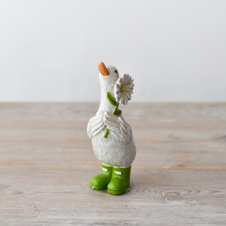 Duck Ornament with Green Boots and Daisy 12cm, Whimsical Garden Decor