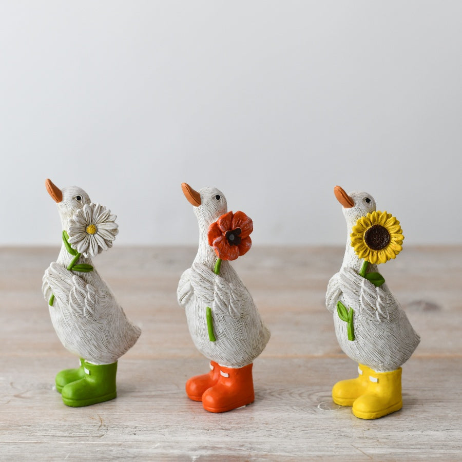 Duck Ornament with Green Boots and Daisy 12cm, Whimsical Garden Decor