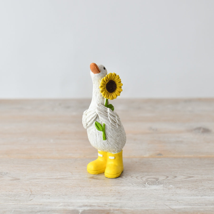 Duck in Yellow Boots with Sunflower, 12cm,  Cheerful Figurine with Yellow Boots,  Indoor & Outdoor Decorative Ornament