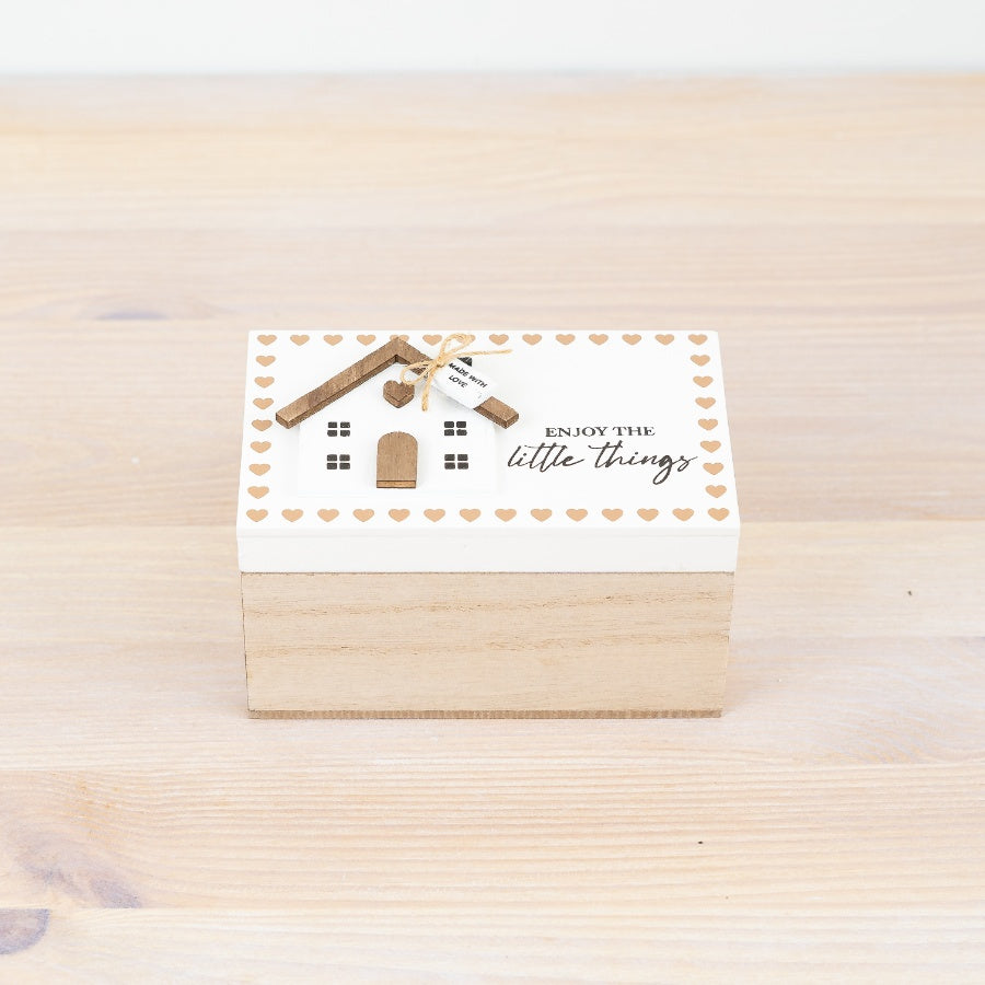 Wooden House Storage Box, 12cm,  Decorative Rustic Wood with "Enjoy the Little Things" Quote,  Perfect for Jewelry, Trinkets & Keys