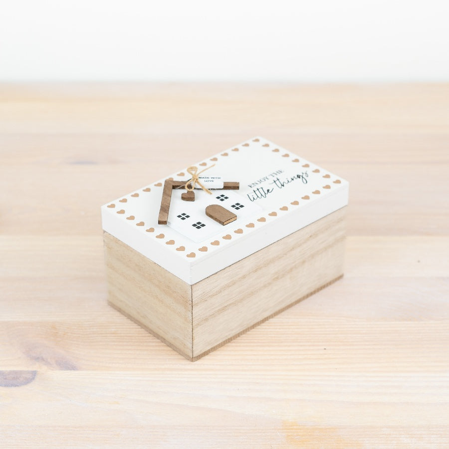 Wooden House Storage Box, 12cm,  Decorative Rustic Wood with "Enjoy the Little Things" Quote,  Perfect for Jewelry, Trinkets & Keys