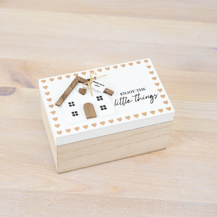 Wooden House Storage Box, 12cm,  Decorative Rustic Wood with "Enjoy the Little Things" Quote,  Perfect for Jewelry, Trinkets & Keys