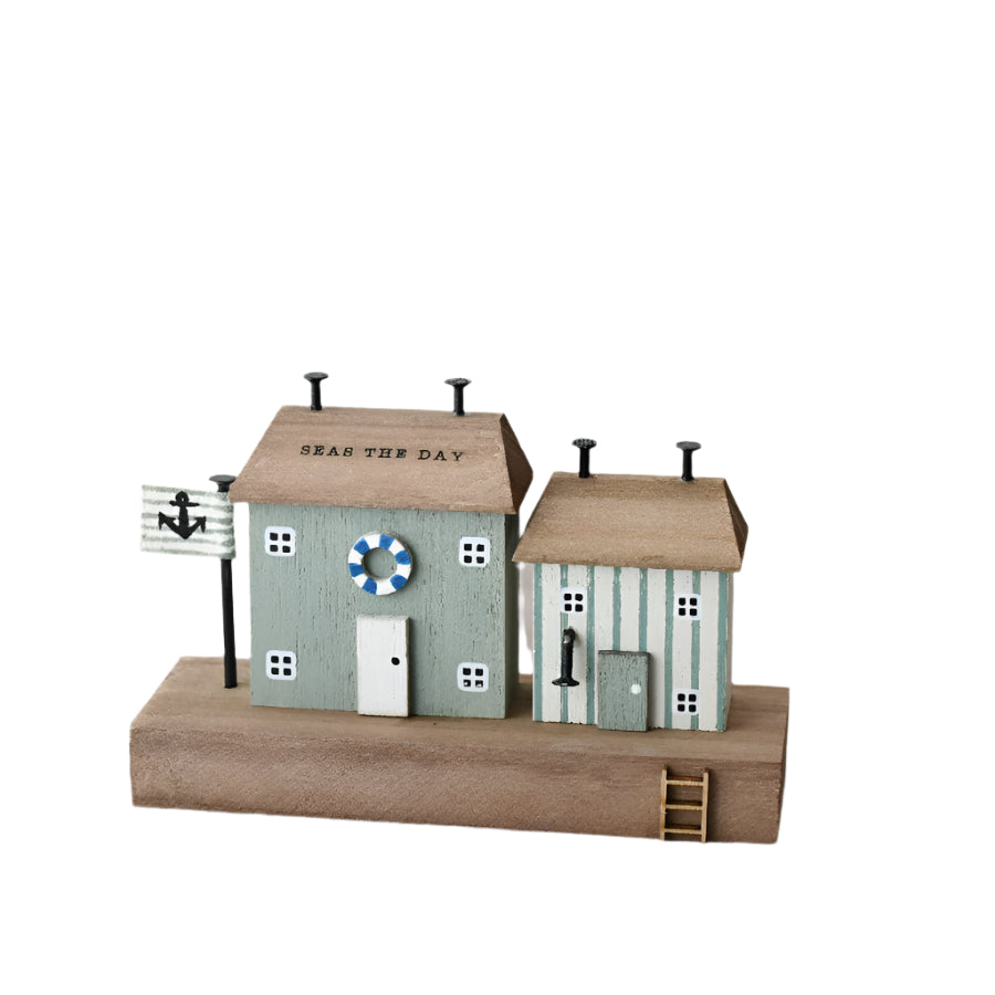 Wooden House 15cm, ''Seas The Days” Nautical Coastal Decor, Seaside-Themed Shelf Ornament for Beach Home Styling