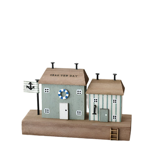 Wooden House 15cm, ''Seas The Days” Nautical Coastal Decor, Seaside-Themed Shelf Ornament for Beach Home Styling