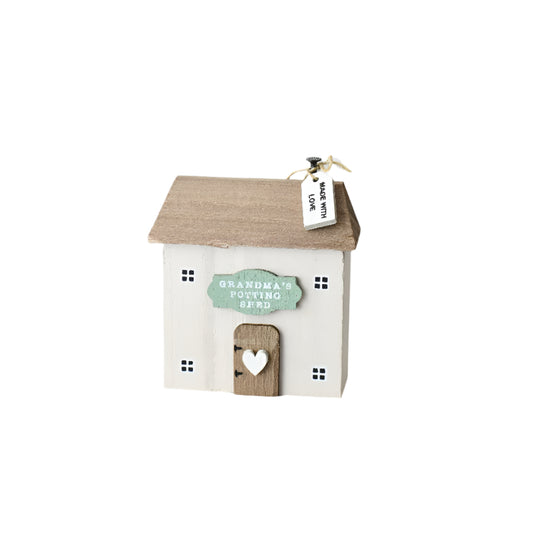 Grandma's Potting Shed Wooden House 9cm, Rustic Mini Garden Ornament, Vintage Gift Idea for Grandma or Garden Enthusiasts