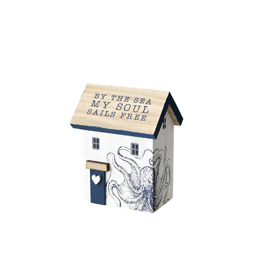 Wooden House 12cm, ''By the Sea My Soul Sails Free” Nautical Shelf Decoration with Octopus Detail,  Coastal Rustic Home Decor