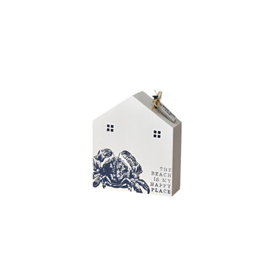 Wooden House Deco 10cm, ''The Beach is My Happy Place” Nautical Home Ornament,  Coastal Shelf Decoration