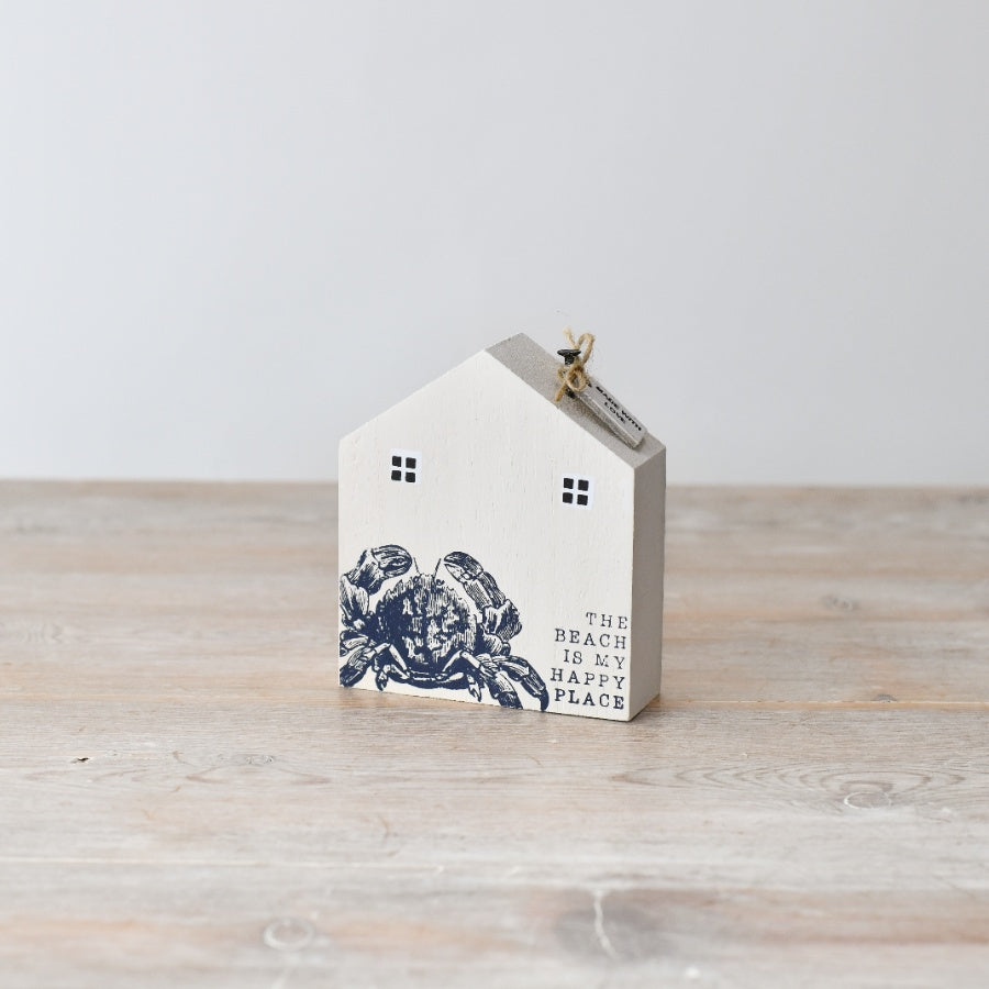 Wooden House Deco 10cm, ''The Beach is My Happy Place” Nautical Home Ornament,  Coastal Shelf Decoration