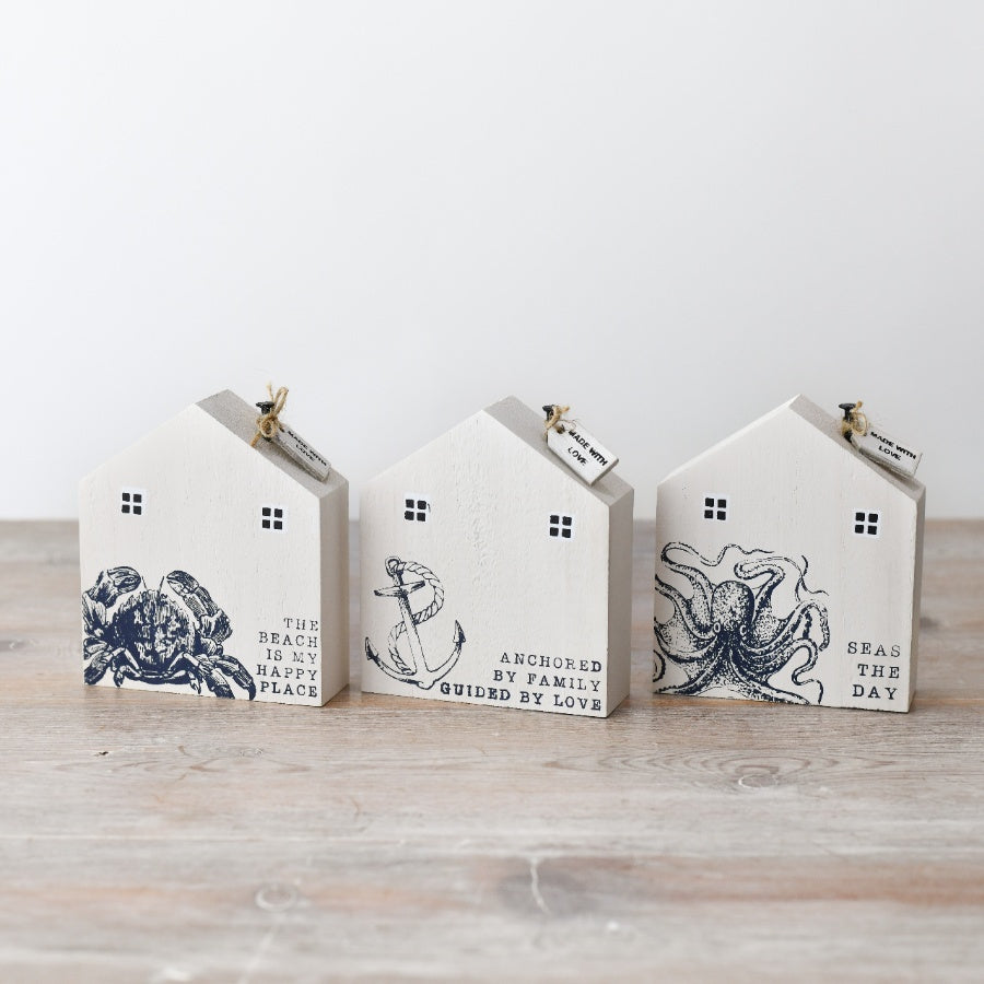 Wooden House Deco 10cm, ''The Beach is My Happy Place” Nautical Home Ornament,  Coastal Shelf Decoration