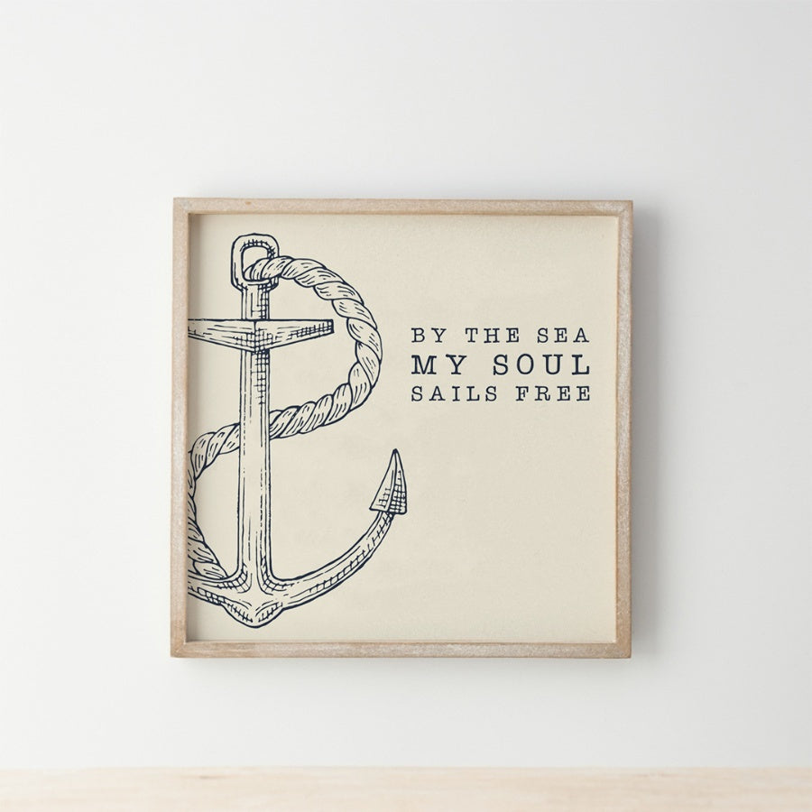 Wooden Sign 25cm, "By the Sea My Soul Sails Free” Coastal Wall Decor, Serene Beach-Inspired Home Accent