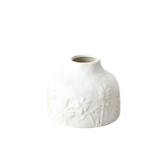 Pippa Vase 16cm, Light Grey Ceramic Pot with Etched Floral Design, Decorative Flower for Modern or Rustic Interiors