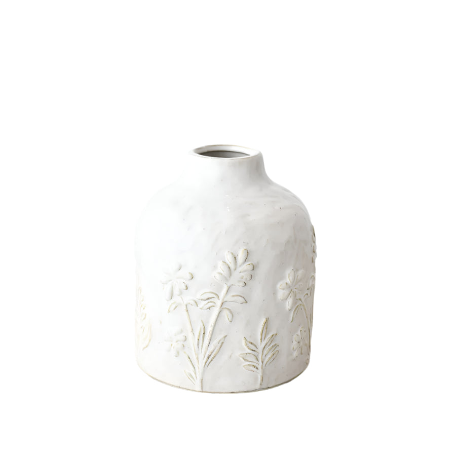Pippa Vase 19cm, Grey Ceramic with Embossed Wildflower Design, Elegant Floral Display for Home Decor