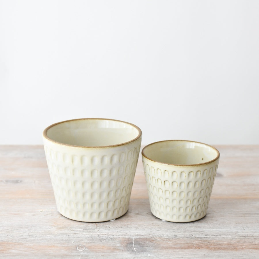 Cream Flower Pot Planter 14cm,  Embossed Ceramic Indoor for Houseplants, Herbs, or Succulents,  Elegant Neutral Decorative Planter