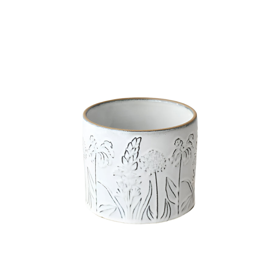 Flower Design Planter 14cm,  Decorative Ceramic Pot with Woodland Floral Motif,  Indoor Herb or Outdoor Garden Table Accessory