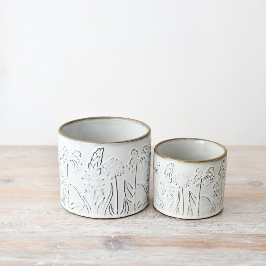 Flower Design Planter 14cm,  Decorative Ceramic Pot with Woodland Floral Motif,  Indoor Herb or Outdoor Garden Table Accessory